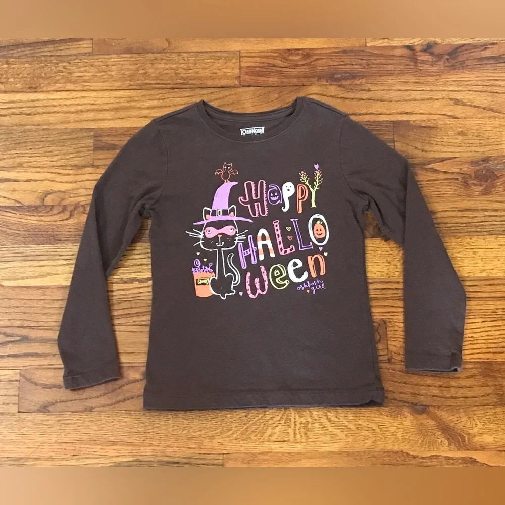 OshKosh Girl Halloween Shirt Black Cat Pumpkin Candy Toddler Size XS 4 - 5 / 5T